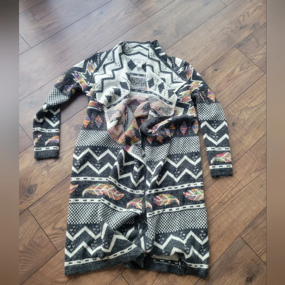 Indigo Aztec Geometric Print Long Open Cozy Tribal Print Cardigan Gray White M - Picture 2 of 6